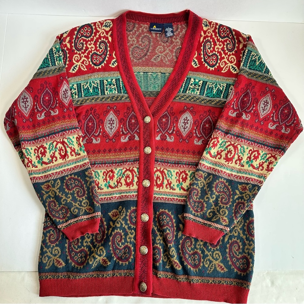 Vintage Lizsport Cardigan Sweater Womens Large Red‎ Paisley USA Made 90s
